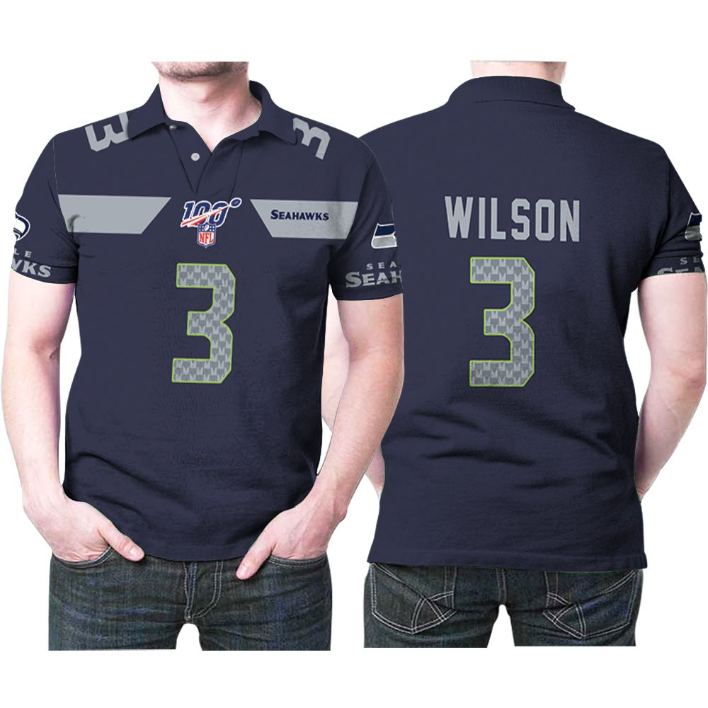 Seattle Seahawks Russell Wilson #3 Nfl American Football Navy 100th Season Polo Shirt