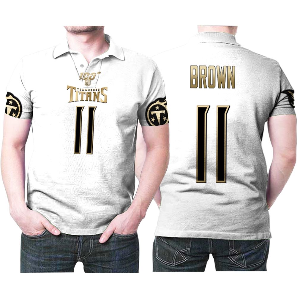 Tennessee Titans A. J. Brown #11 Nfl Great Player White 100th Season Golden Edition Jersey Style Polo Shirt