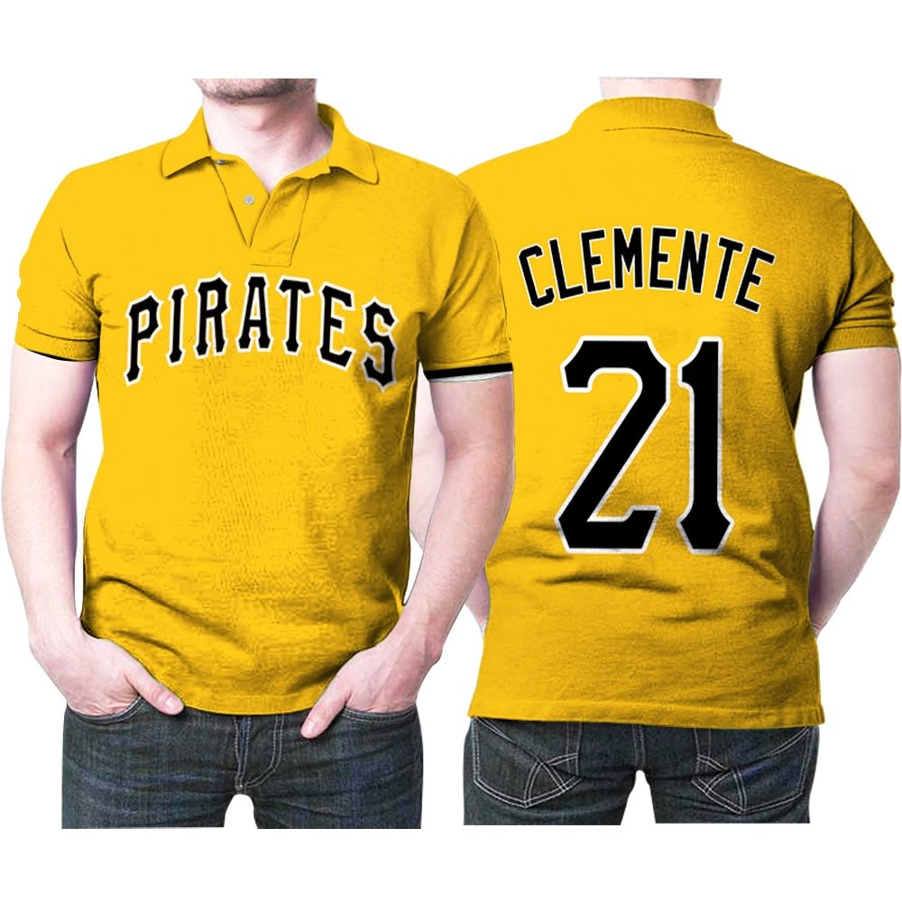 Pittsburgh Pirates Roberto Clemente #21 Mlb Great Player Baseball Team Logo Majestic Official Gold Polo Shirt