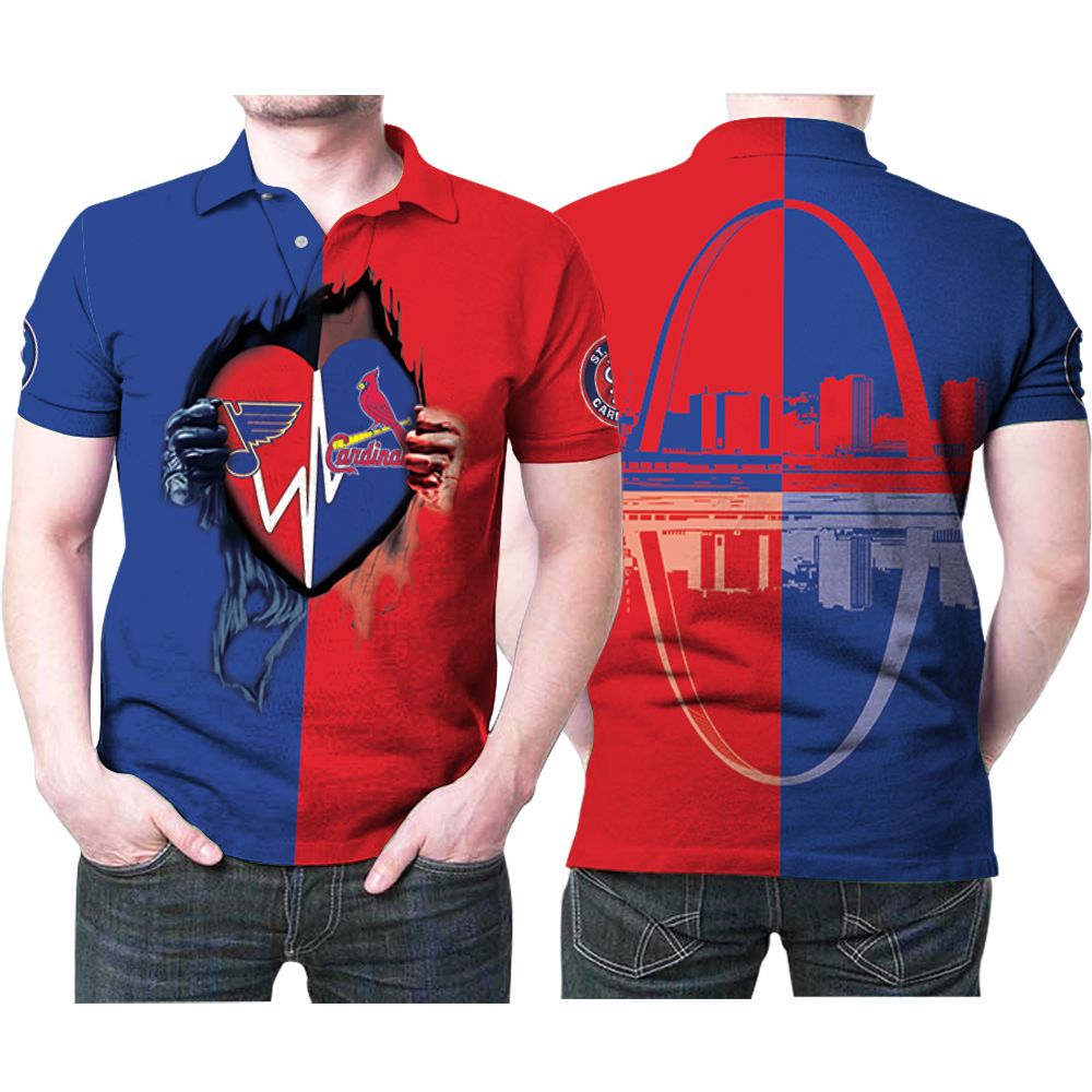 St Louis Cardinals St Louis Blues Logo Ripped Heart 3D All Over Print Polo Shirt