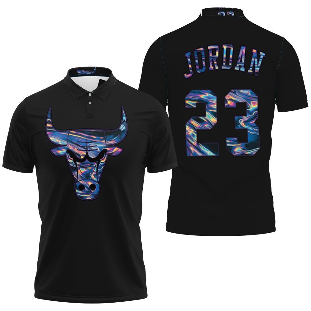 Bulls Michael Jordan Iridescent Holographic Black Jersey Inspired 3D All Over Print Polo Shirt