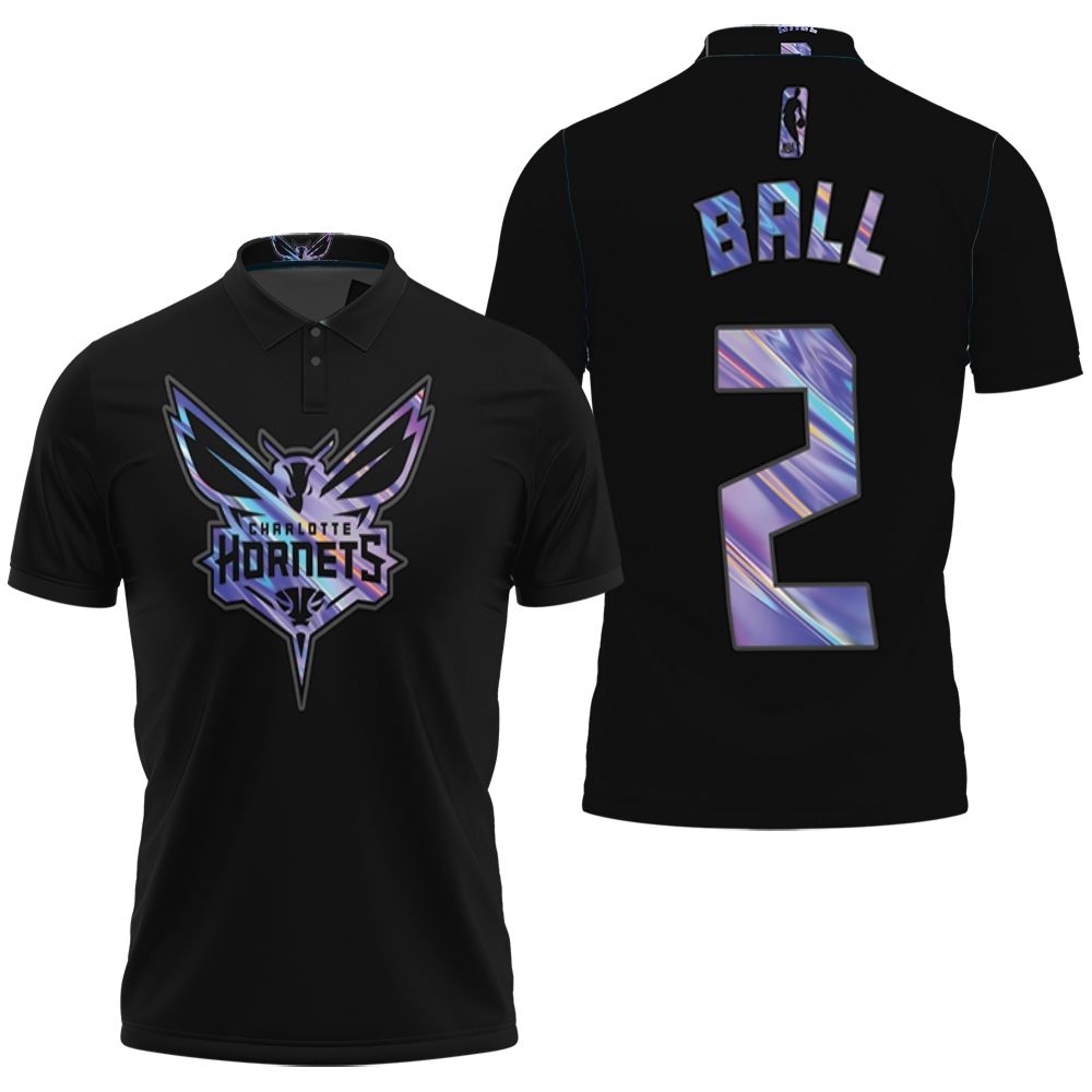 Design Charlotte Hornets Lamelo Ball #2 Nba Great Player Ball Iridescent Holographic Black Jersey Style Polo Shirt