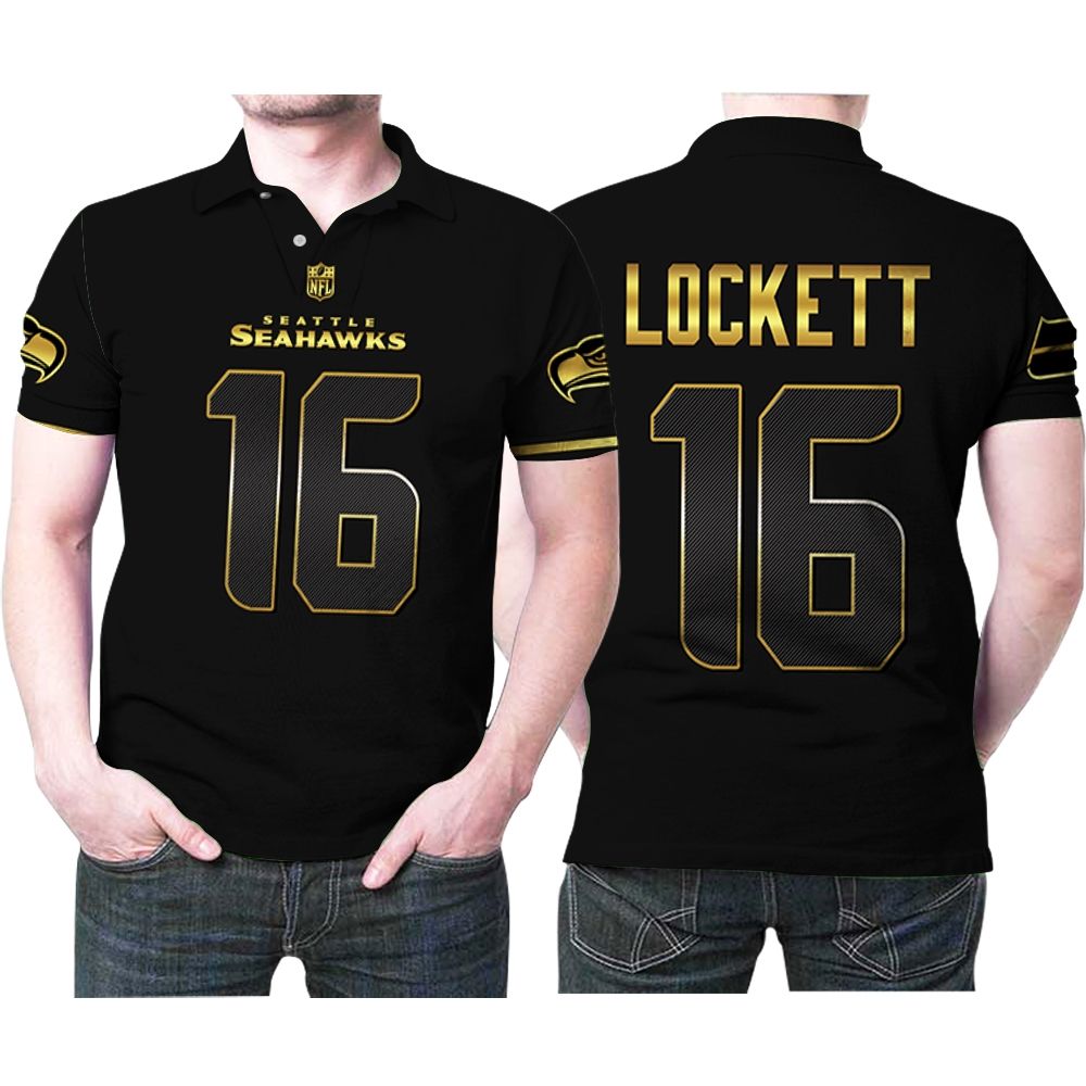 Seattle Seahawks Tyler Lockett #16 Nfl American Football Team Black Golden Edition Polo Shirt Seattle Seahawks Tyler Lockett #16 Nfl American Football Team Black Golden Edition Polo Shirt