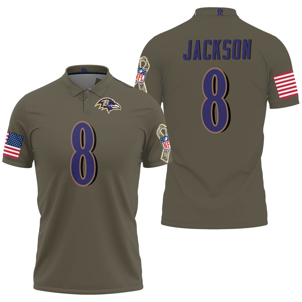 Baltimore Ravens Lamar Jackson #8 Nfl Deion Sanders Salute To Service Retired Player Olive Polo Shirt