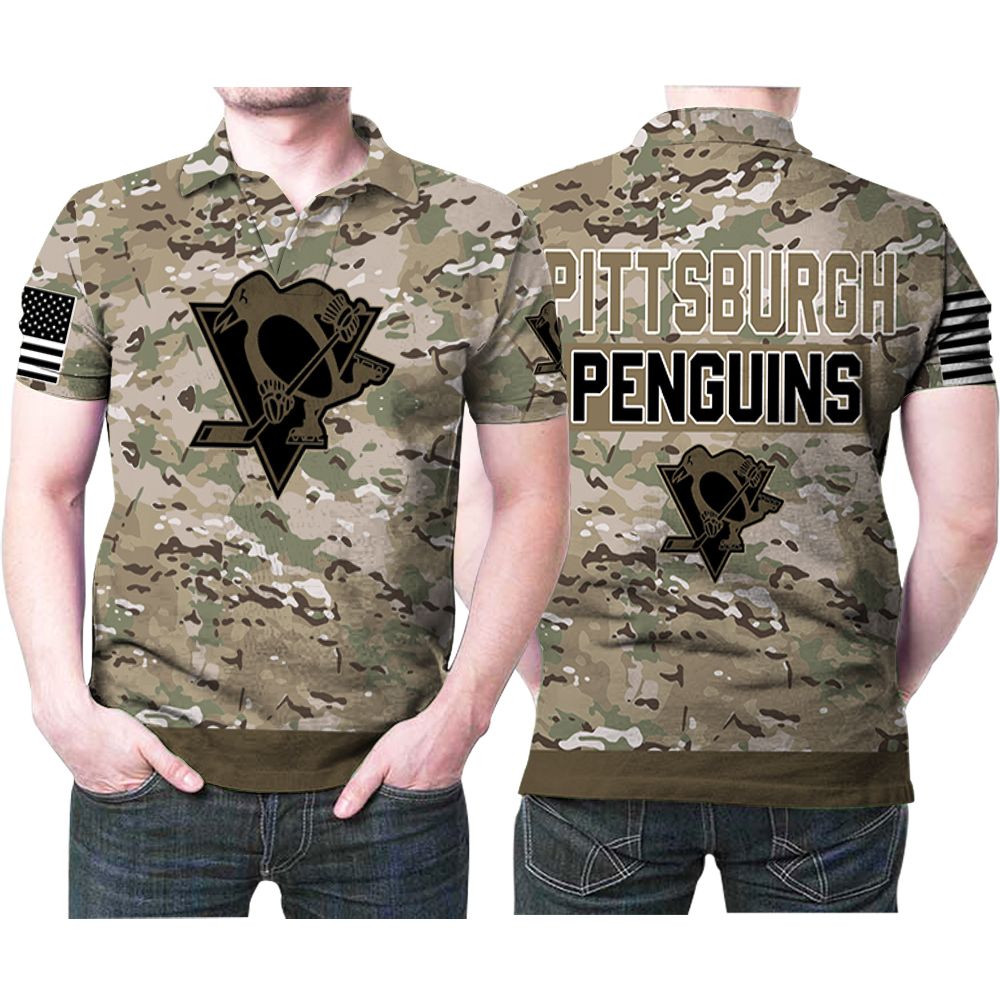 Pittsburgh Penguins Camouflage Veteran American Flag 3D All Over Print Polo Shirt