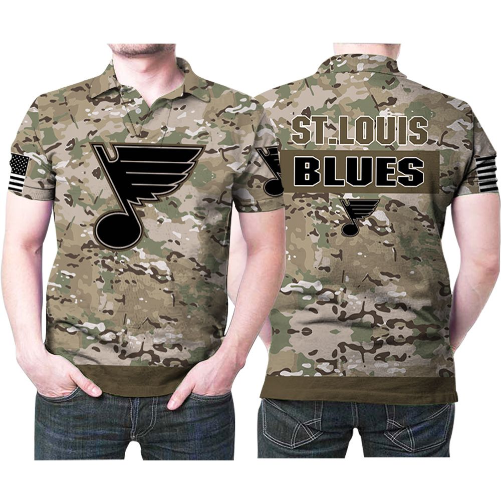 St Louis Blues Camouflage Veteran Us Flag 3D All Over Print Polo Shirt