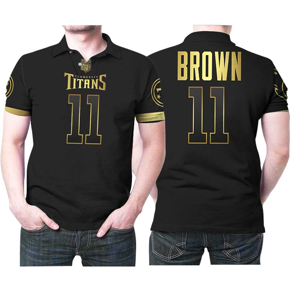 Tennessee Titans A J Brown #11 Nfl America Football Team Logo Black Golden Edition Polo Shirt Tennessee Titans A J Brown #11 Nfl America Football Team Logo Black Golden Edition Polo Shirt