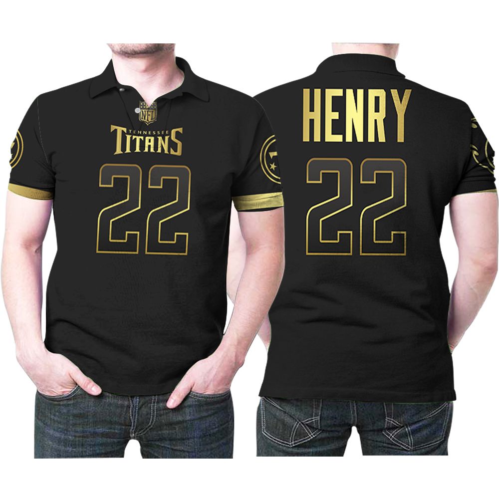 Tennessee Titans Derrick Henry #22 Nfl America Football Team Logo Black Golden Edition Polo Shirt Tennessee Titans Derrick Henry #22 Nfl America Football Team Logo Black Golden Edition Polo Shirt