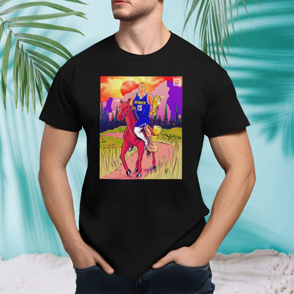 nikola Jokić holding trophy riding horse shirt