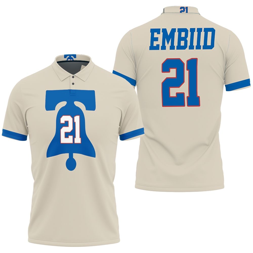 76ers Joel Embiid 2020-21 Earned Edition Cream 3D All Over Print Polo Shirt