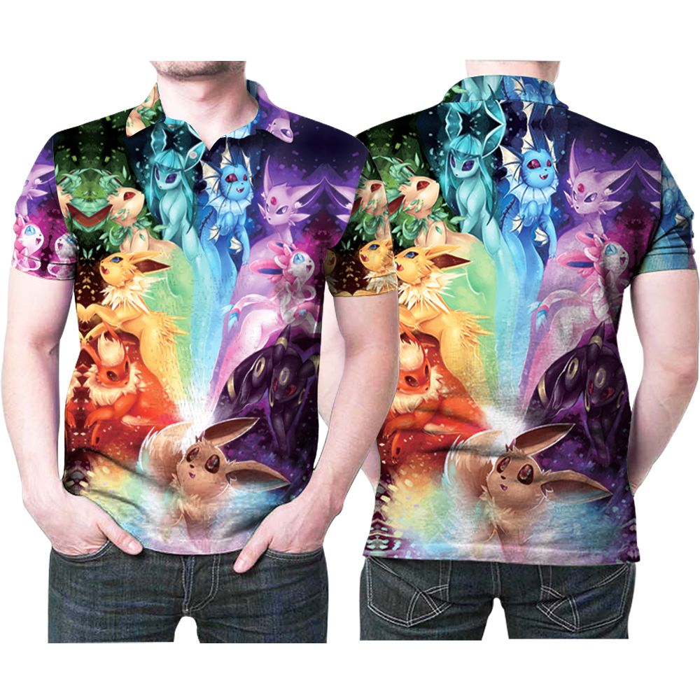 Art Pokemon Eevee Evolution Rainbow Japanese Anime 3D All Over Print Polo Shirt