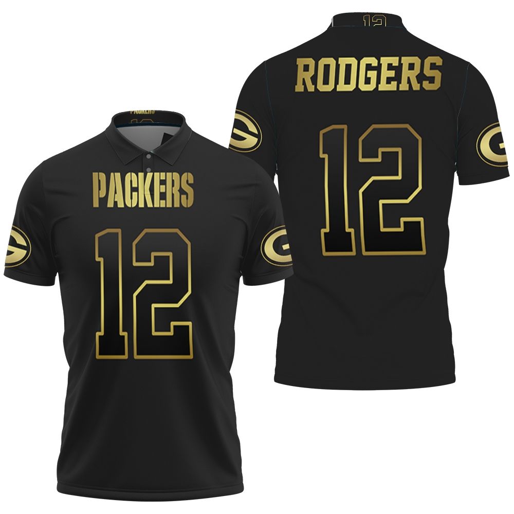 Green Bay Packers 12 Aaron Rodgers Black Golden Edition Jersey Inspired 3D All Over Print Polo Shirt