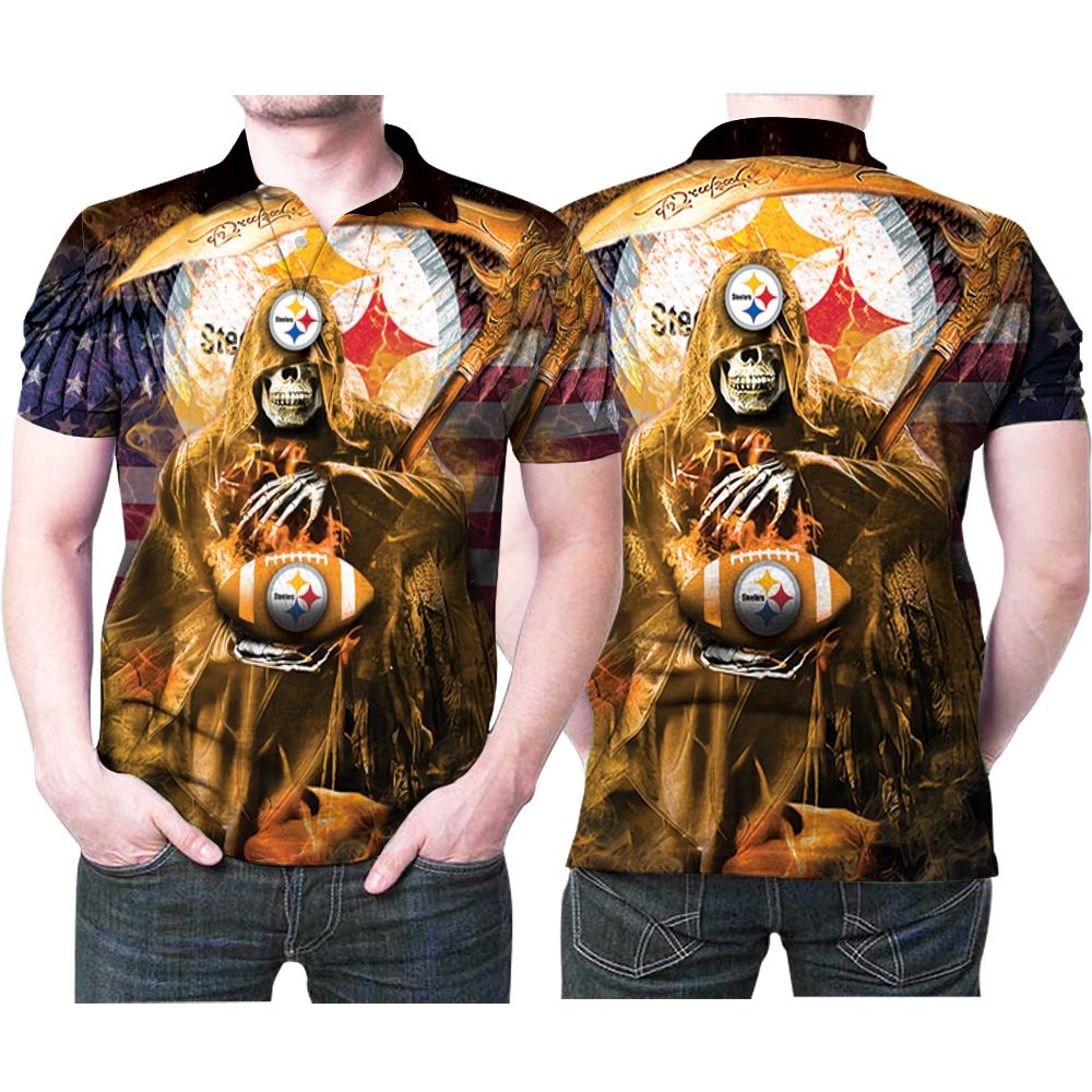 Pittsburgh Steelers Death Skull Holds Steelers Logo Ball Printed 3D All Over Print Polo Shirt