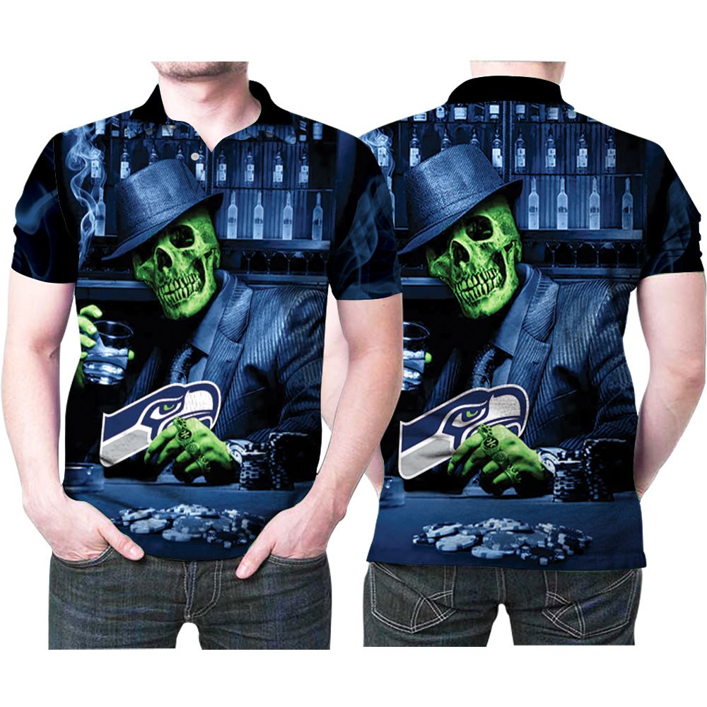 Skull Casino Pokers Seattle Seahawks Logo 3D All Over Print Polo Shirt