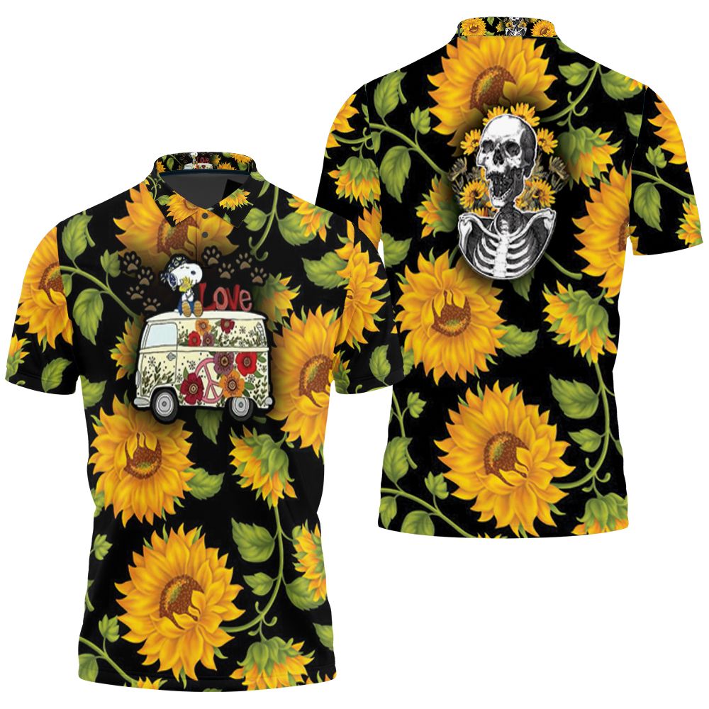 Snoopy Hippie Bus Sunflowers Hippieseamless Pattern 3D All Over Print Polo Shirt