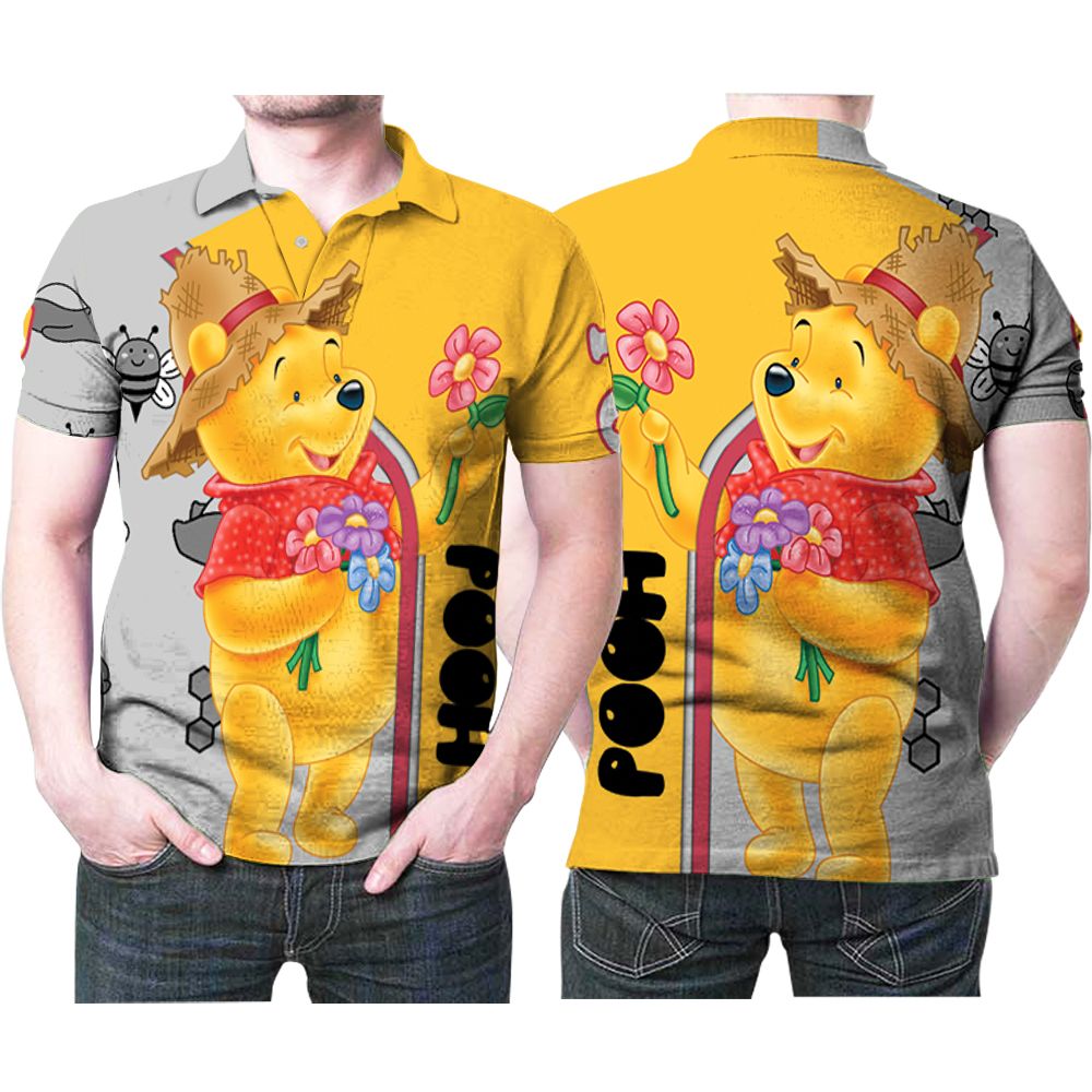 Winnie The Pooh Picking Flower Lovely Bear 3D All Over Print Polo Shirt