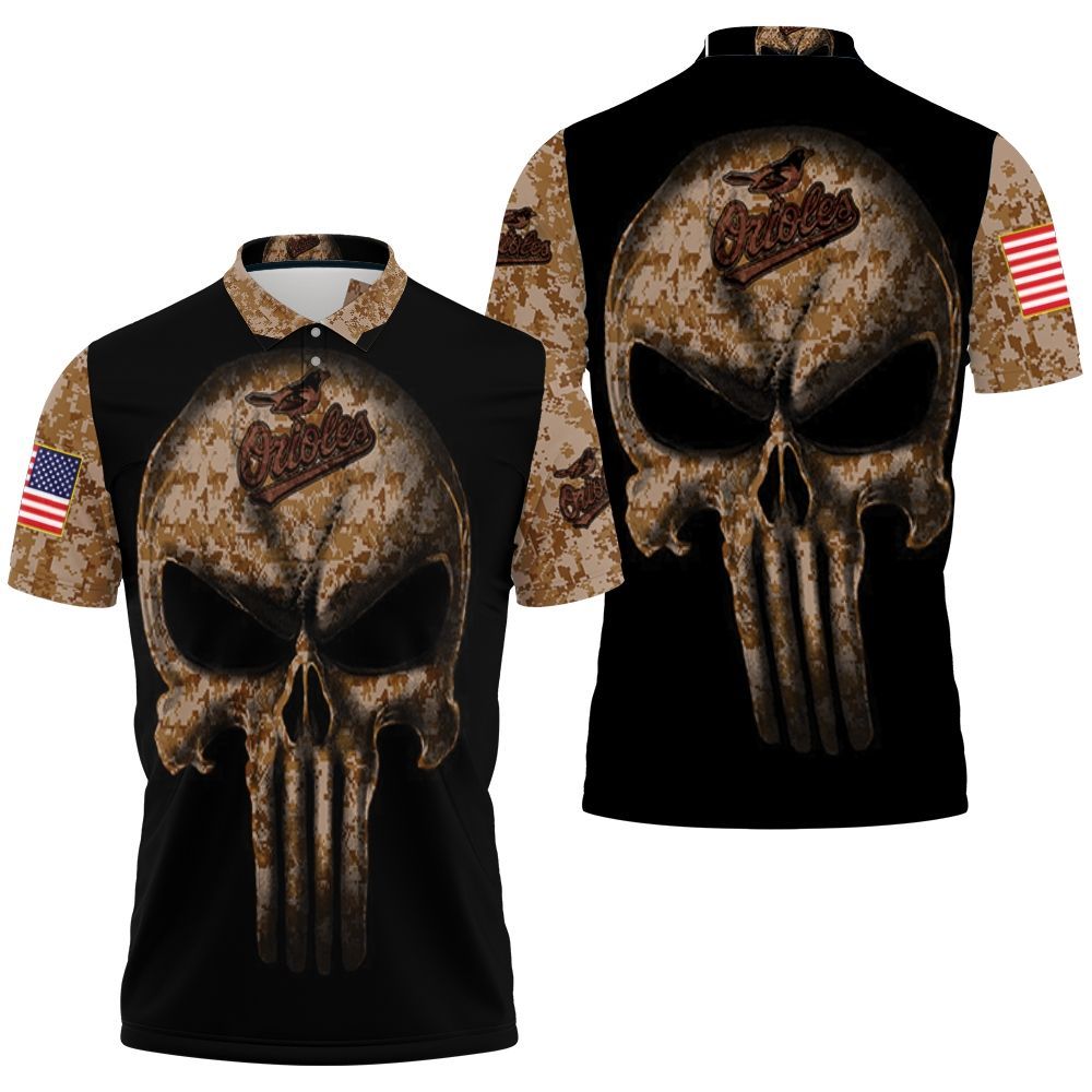 Camouflage Skull Baltimore Orioles American Flag Polo Shirt All Over Print 3d T-shirt