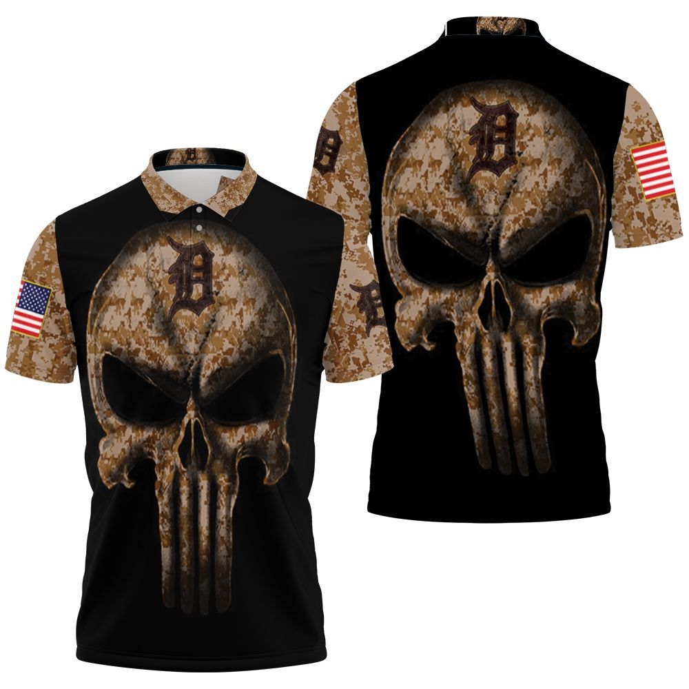 Camouflage Skull Detroit Tigers American Flag Polo Shirt All Over Print 3d T-shirt