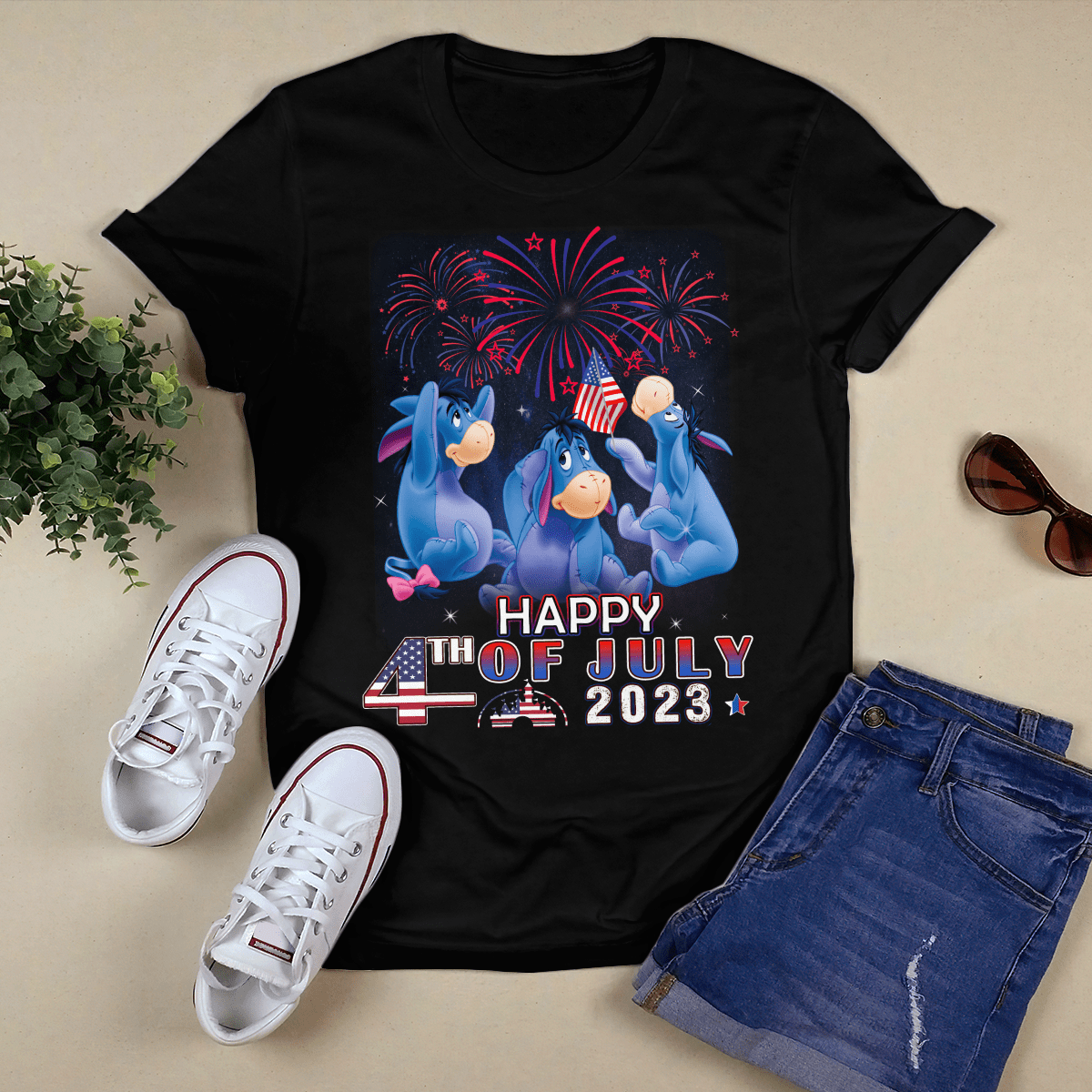 Eeyore Donkey Red Blue Fireworks Happy 4th Of July 2023 Independence Day Tshirt