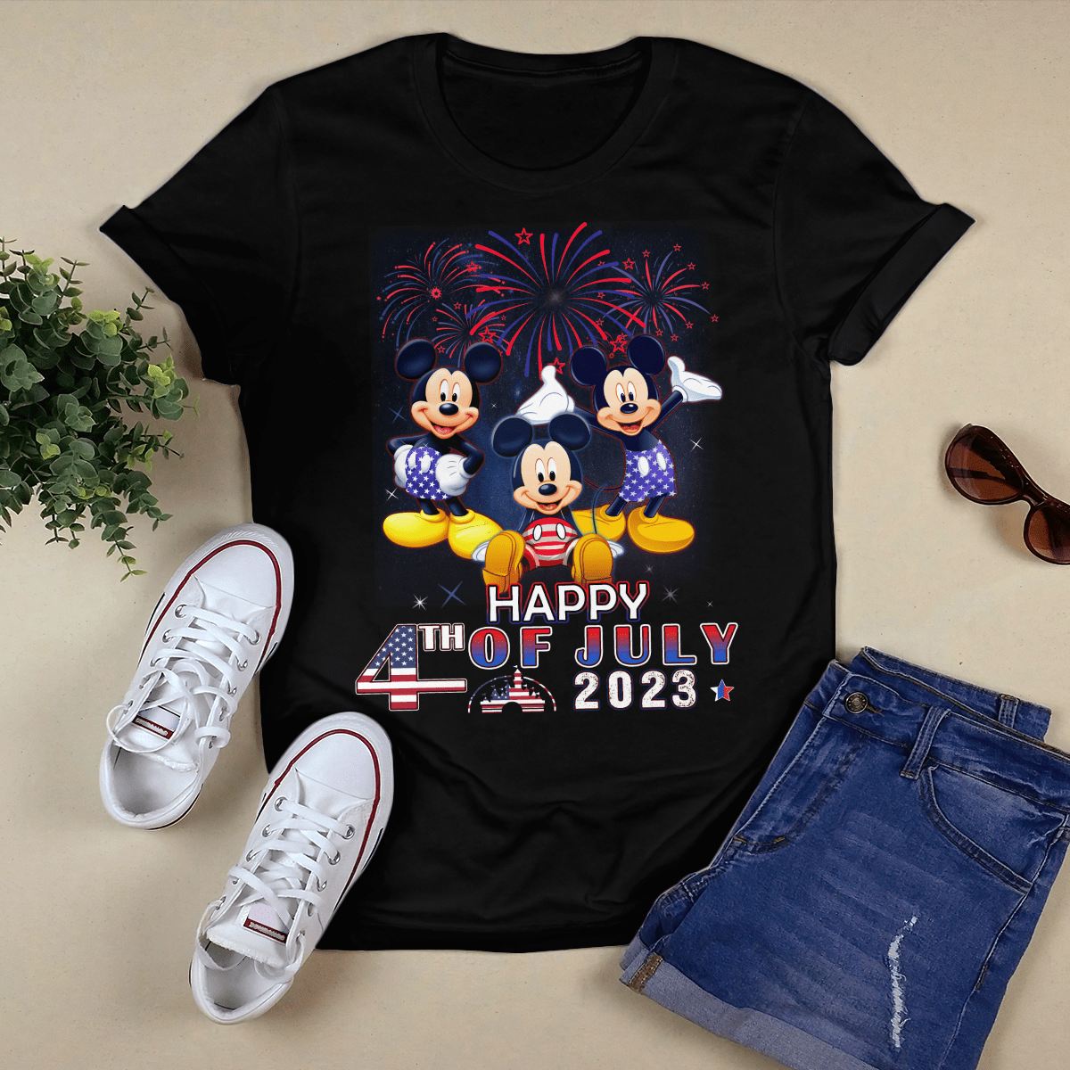 Mickey Mouse Red Blue Fireworks Happy 4th Of July 2023 Tshirt
