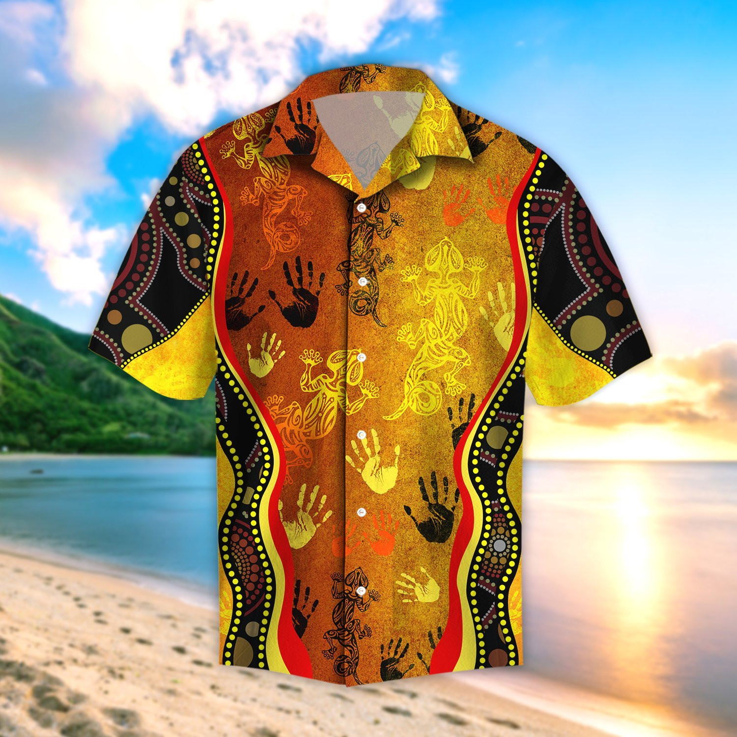 Aboriginal Australia Rock Painting Hand Lizard Art Golden Style Beach Hawaiian Shirt