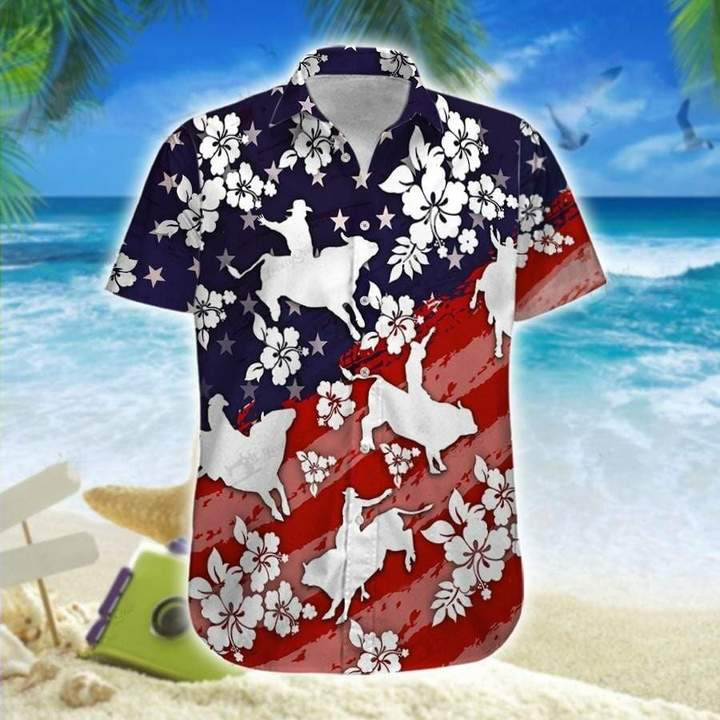 Bull Riding Navy And Red Hawaiian Shirt Unisex