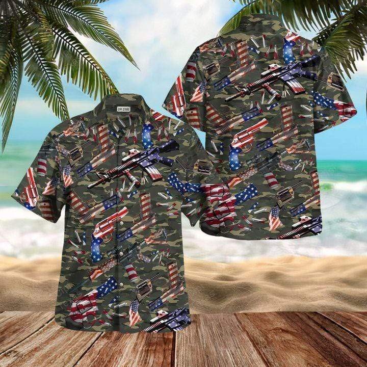 Camouflage Gun American Flag Hawaiian Shirt