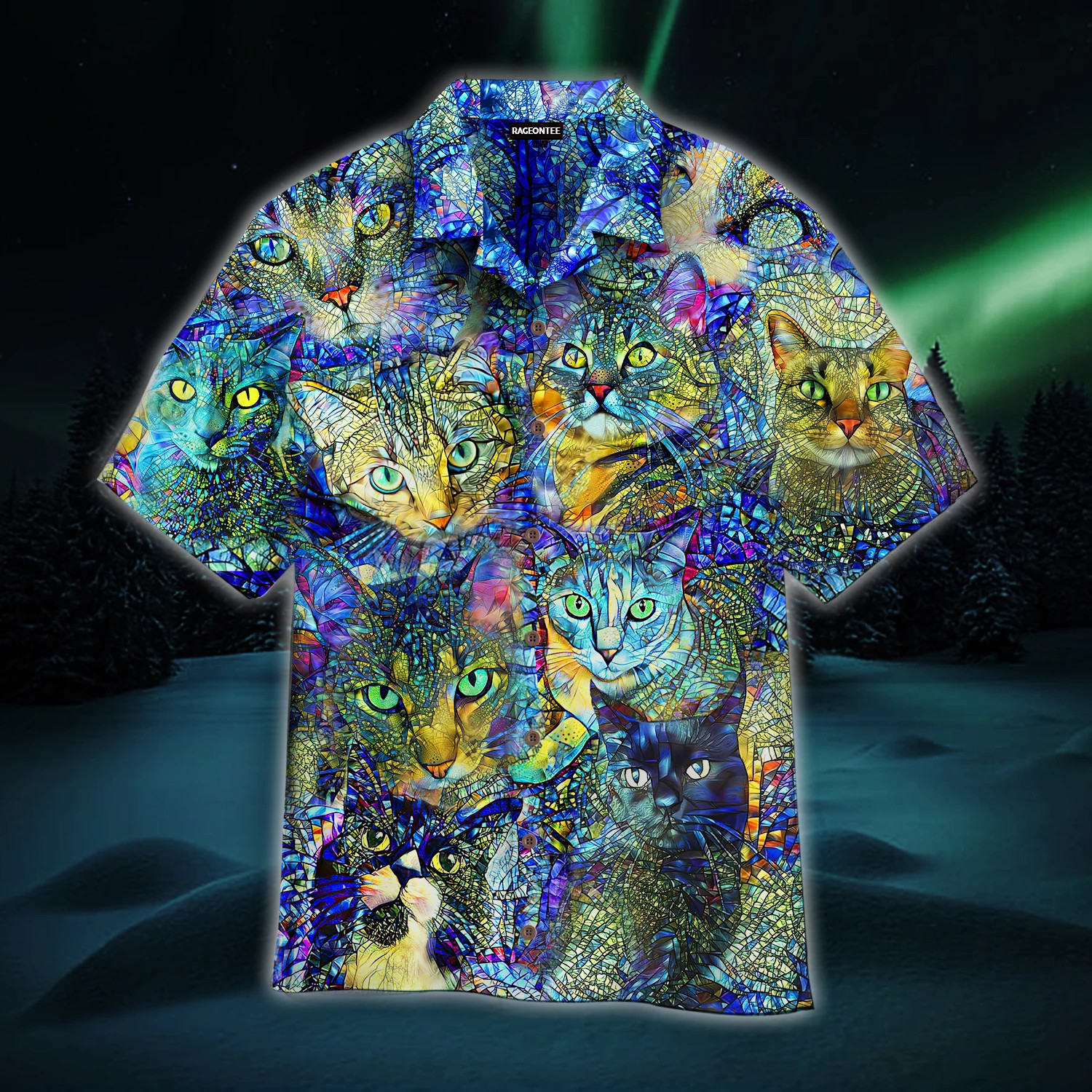 Crazy Colorful Cat Stained Glass Hawaiian Shirt