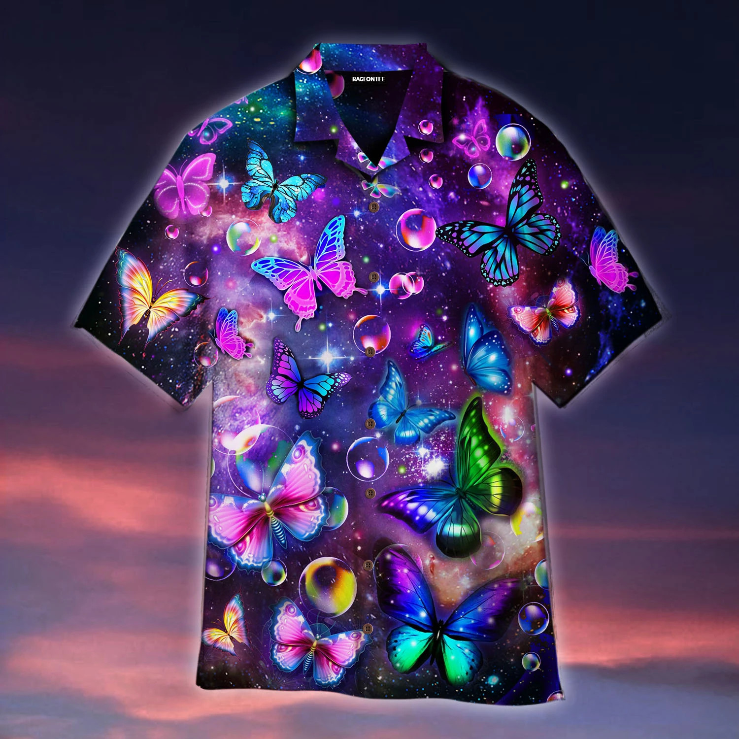 Fantasy Galaxy Neon Butterflies Hawaiian Shirt