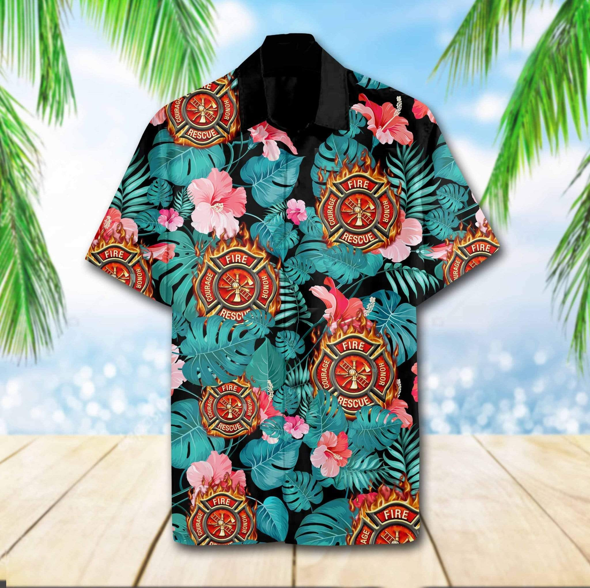 Firefighter Hibiscus Flower Hawaiian Shirt