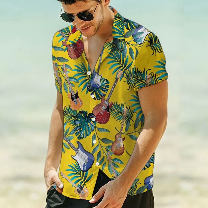 Guitar Yellow Tropical Leaves Hawaiian Shirt