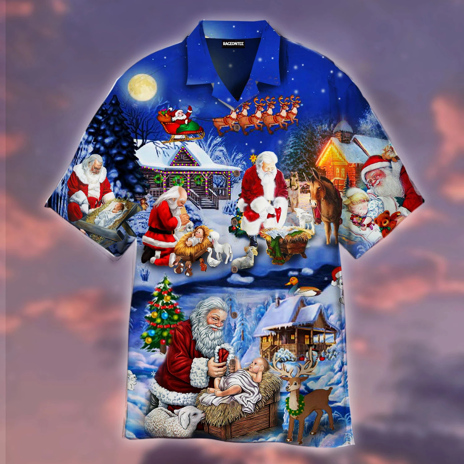 Santa Adoring Baby Jesus Hawaiian Shirt