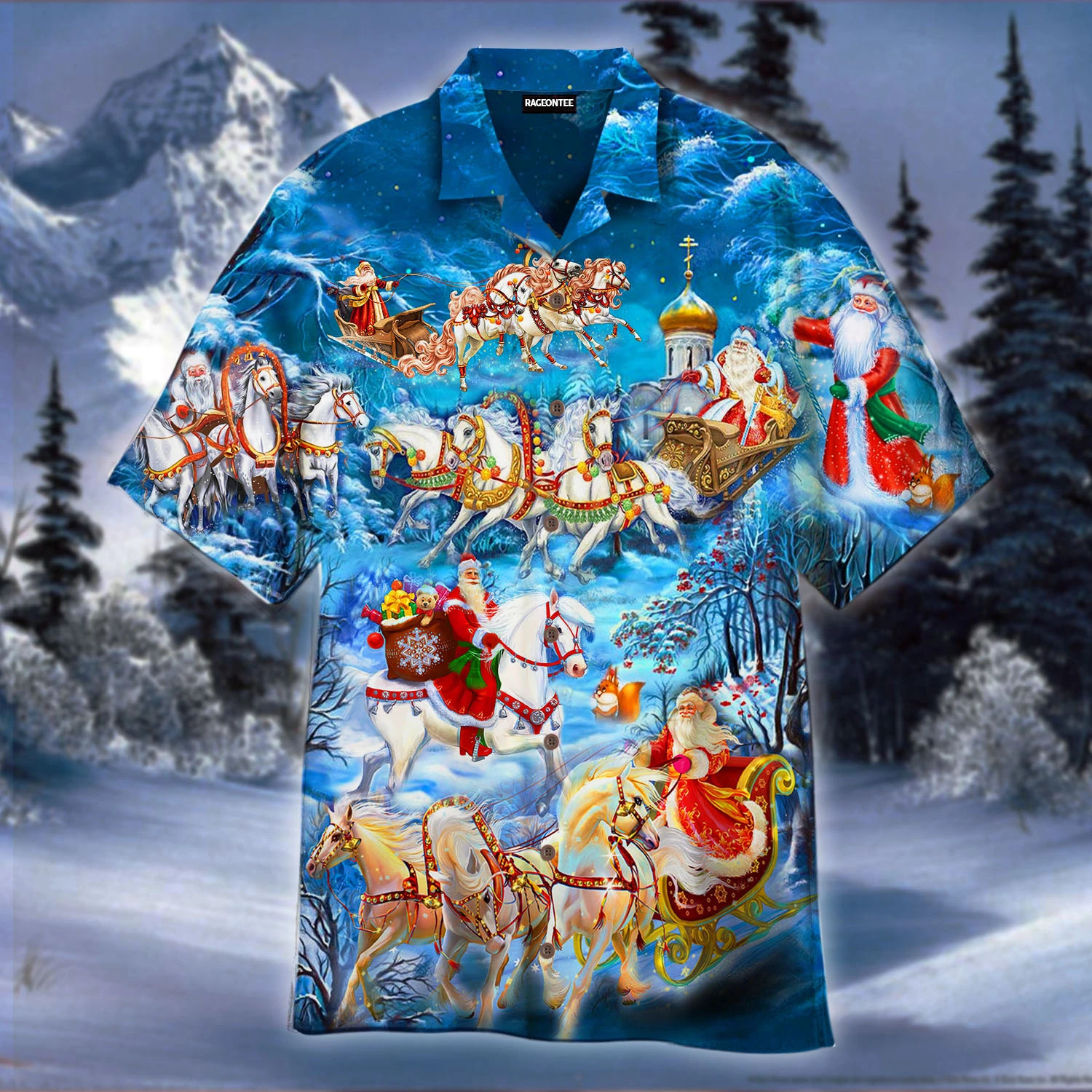 Santa Rides Into Town With Horse Hawaiian Shirt