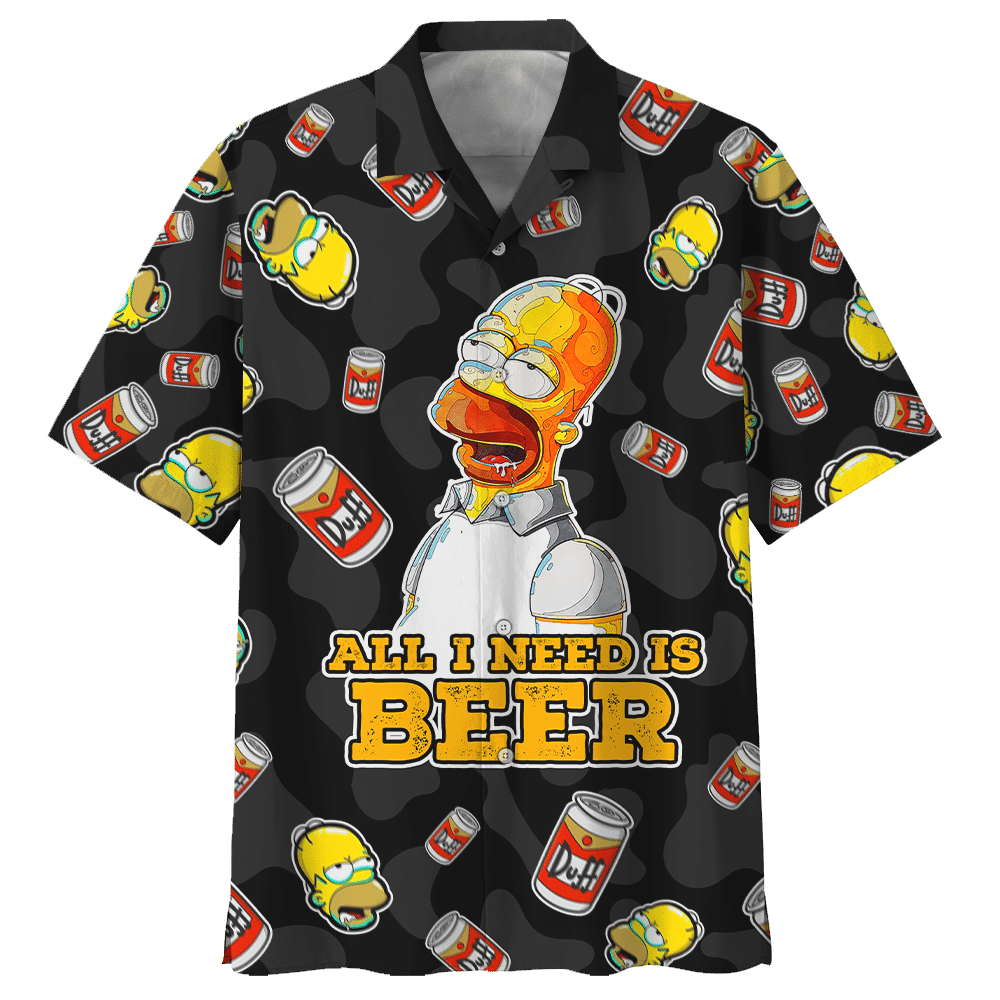 The Simpsons All I Need Is Beer Hawaiian Graphic Print Short Sleeve Hawaiian Casual Shirts