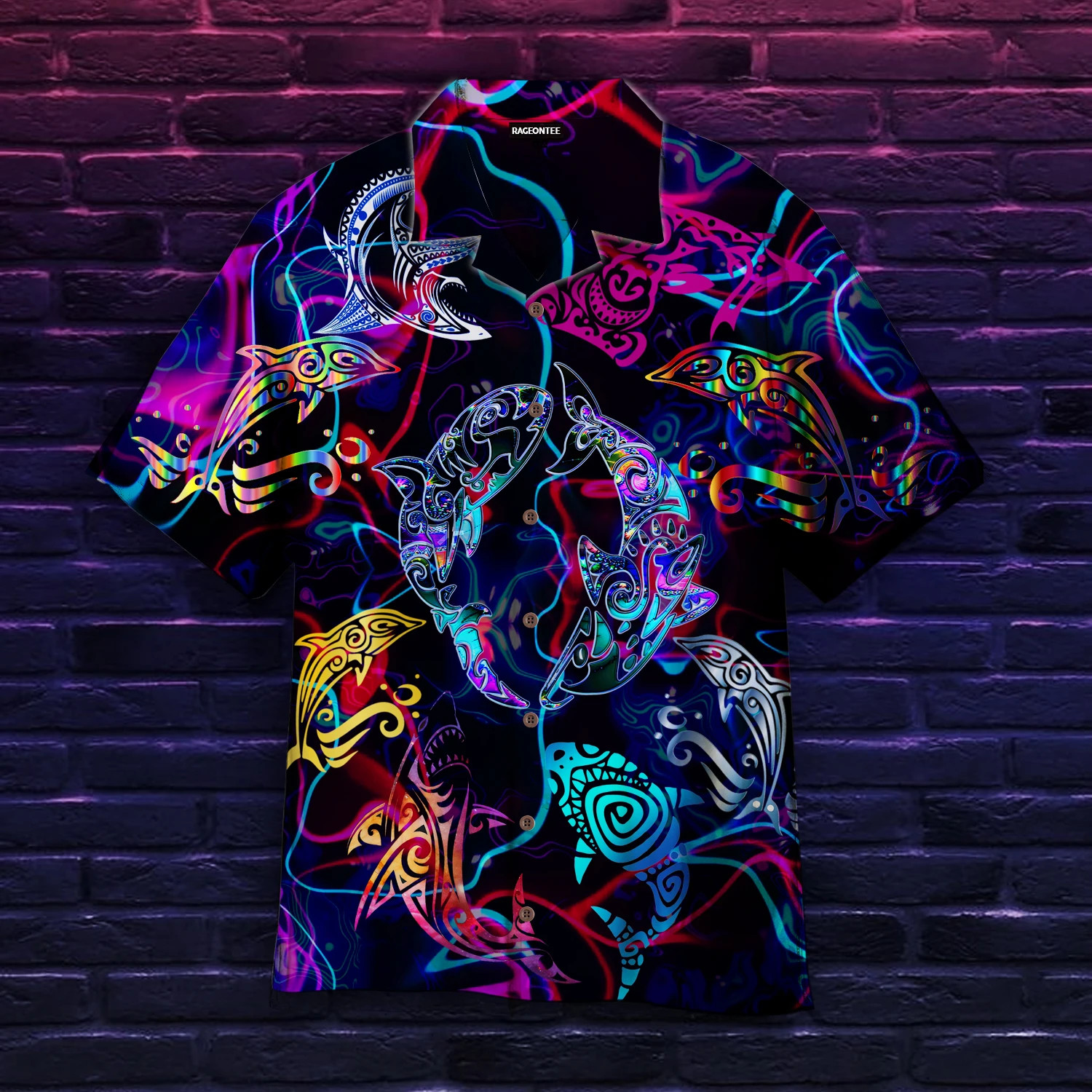 Tribal Shark Maori Neon Hawaiian Shirt