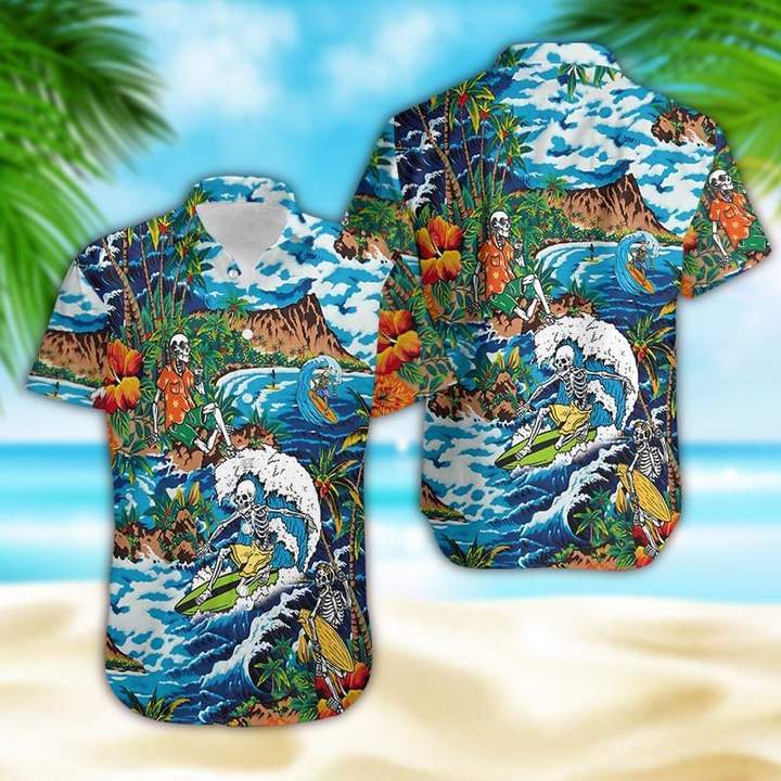Amazing Skeleton Surfing On Tropical Island Hawaiian Shirt