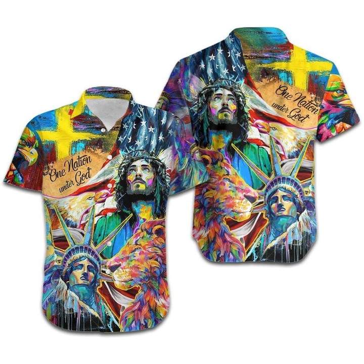 Jesus Lion One Nation Under God Colorful Hawaiian Shirt