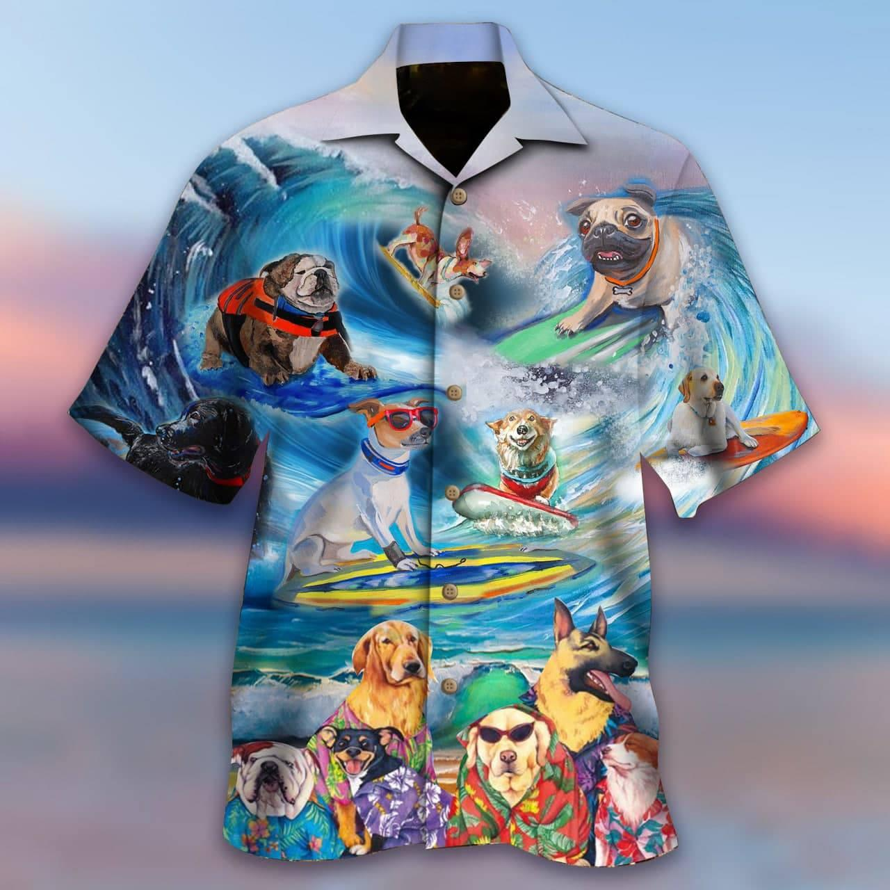 Puppies Surfing By The Beach Hawaiian Shirt