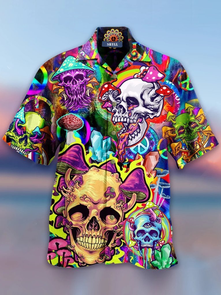 Skull Colorfull Printed Casual Abstract Hippie Style Hawaiian Shirt