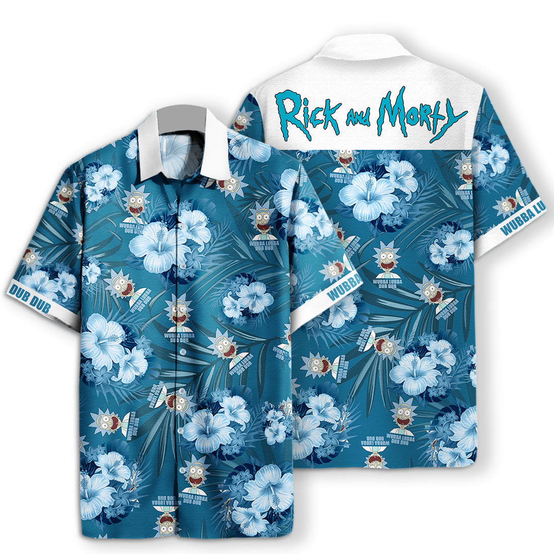 Unifinz Rick And Morty Hawaiian Shirt Rick Wubba Lubba Dub Dub Tropical Pattern Blue White Hawaii Aloha Shirt