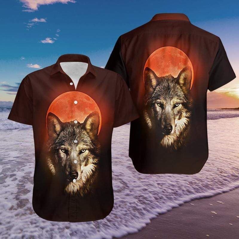 Wolf And Red Moon Hawaiian Shirt