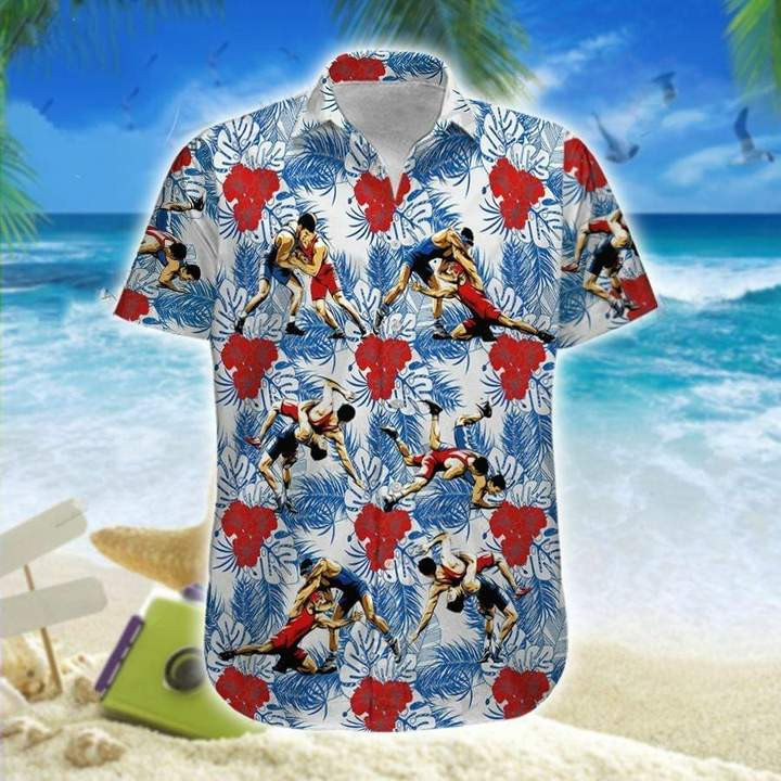 Wrestling Red Hibiscus Hawaiian Shirt