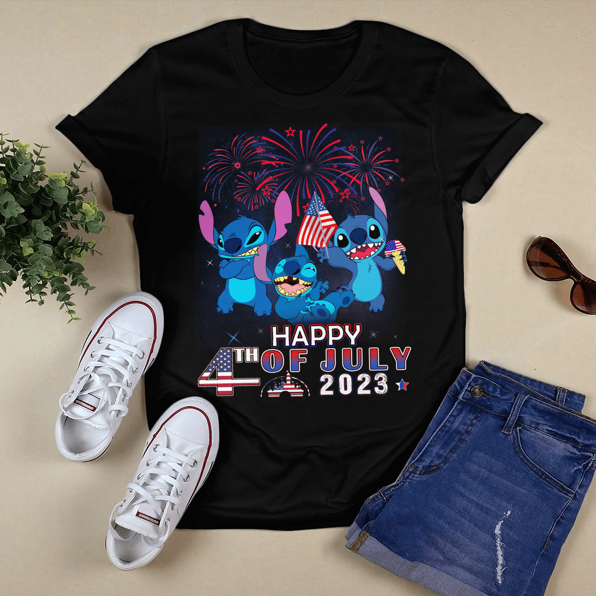 Stitch Red Blue Fireworks Happy 4th Of July 2023 Tshirt