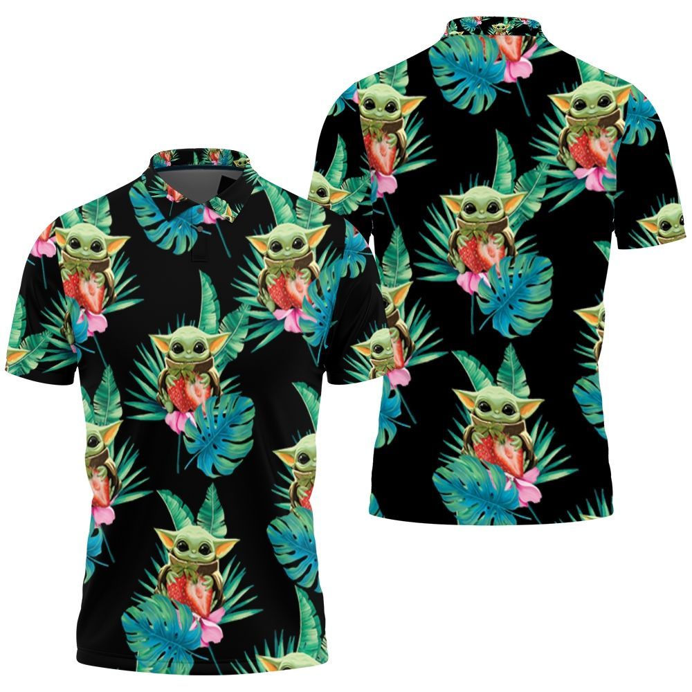 Baby Yoda Hugging Strawberries Seamless Tropical Green Leaves On Black Polo Shirt All Over Print Shirt 3d T-shirt