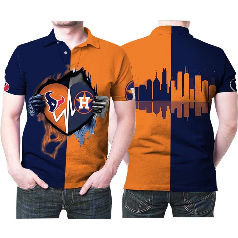 Houston Texans Houston Astros In Heart Ripped Nfl American Football Team Logo Gift For Texans Astros Fans Polo Shirt All Over Print Shirt 3d T-shirt