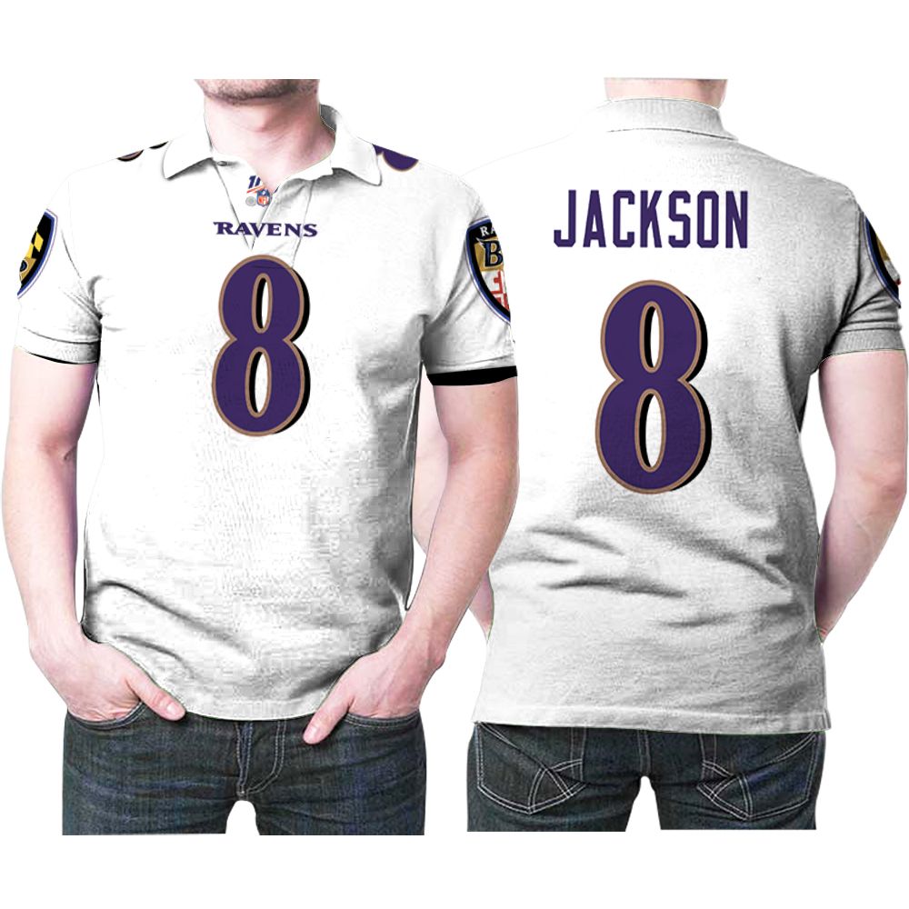 Baltimore Ravens Lamar Jackson #8 Nfl Great Player White 100th Season 3d Designed Allover Gift For Baltimore Fans Polo Shirt