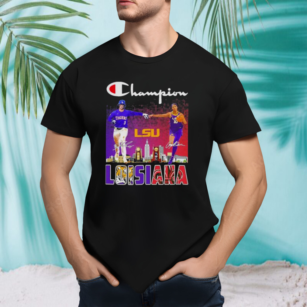 Champion Dylan Crews And Angel Reese Louisiana Lsu Tiger Skyline Signatures Shirt