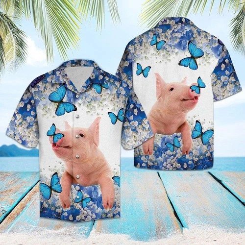 Aloha Shirt Pig Blue And White Flower Hawaiian Shirt