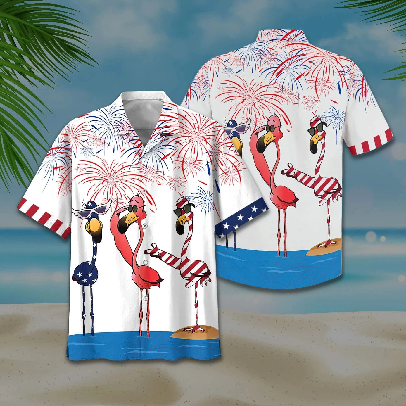 Flamingo American Flag Firework Hawaiian Shirt
