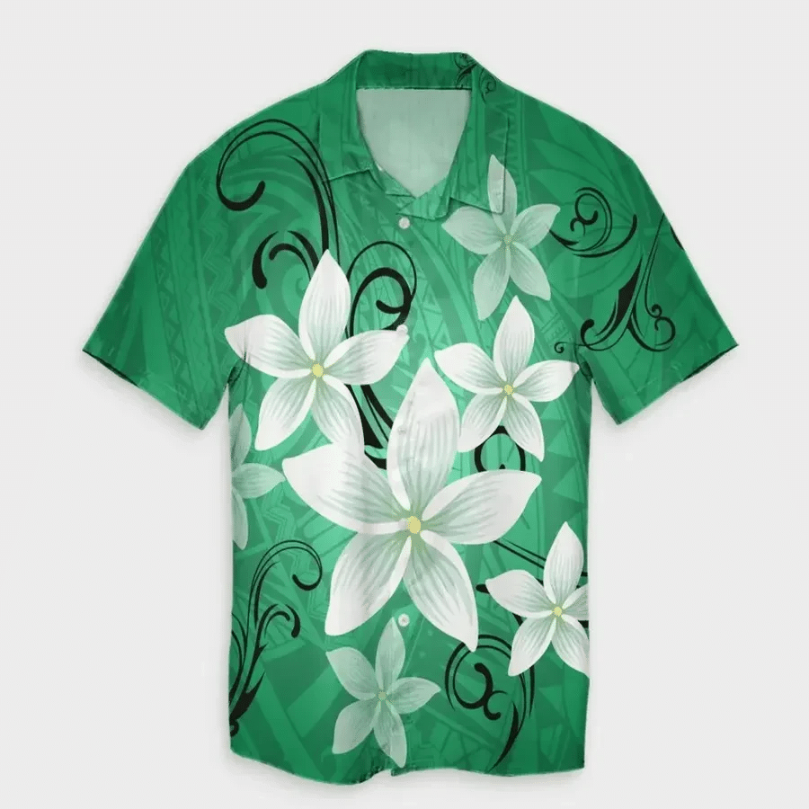 Plumeria Polynesian Green Hawaiian Shirt